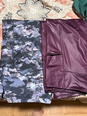 2 Pair Women's Leggings, Plum Faux Leather and one Floral Print Panel
